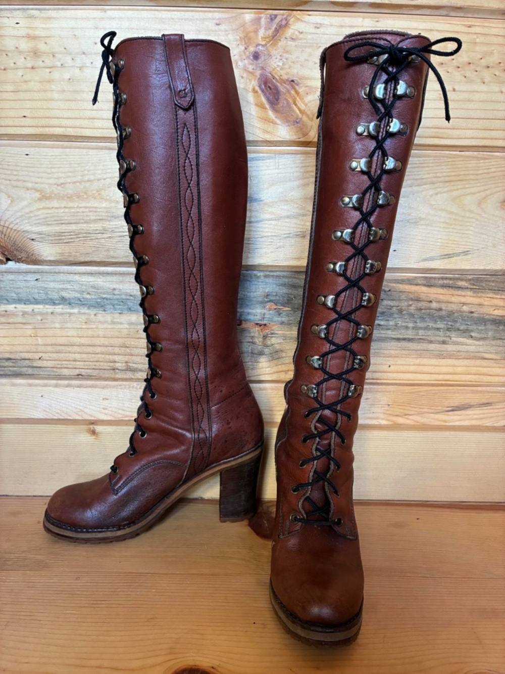 1970's Lace Up Campus Boots tall brown leather - Picture 8 of 13